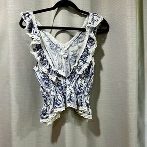 Urban Outfitters Blue and White Ruffle Blouse